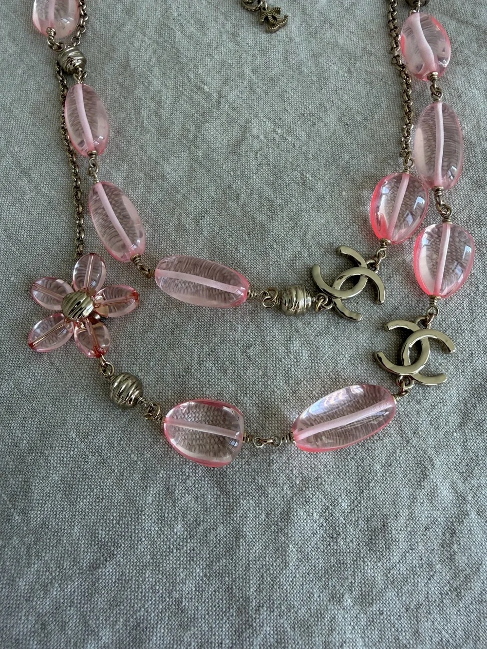 🌸CHANEL Pink Bead Camellia & CC Charm Layered Necklace🌸